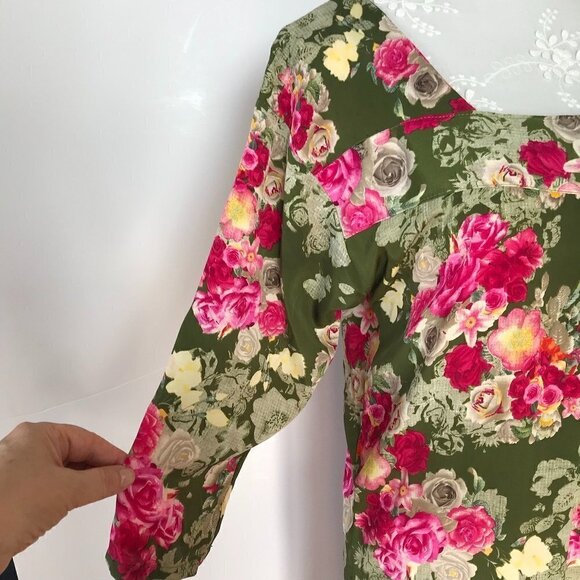 DKNY Long Colorful Tunic olive green/pink/yellow floral 3/4 sleeve square neck 6 - Picture 8 of 16